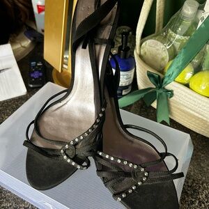 Black Crystal-Embellished Strappy Heels